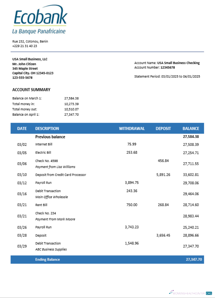 Download Ecobank enterprise statement Word and PDF format Photoshop template